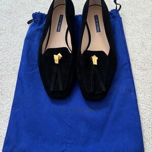 Stuart Weitzman Black Suede Loafers with Gold Accents